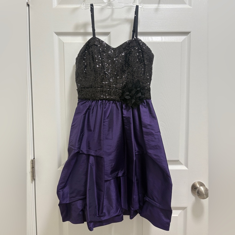 B. Darlin Black Sequin and Purple Puff Mini Dress